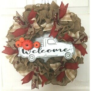 Fall Wreath Burlap Farmhouse Rustic Truck Welcome Sign Handmade